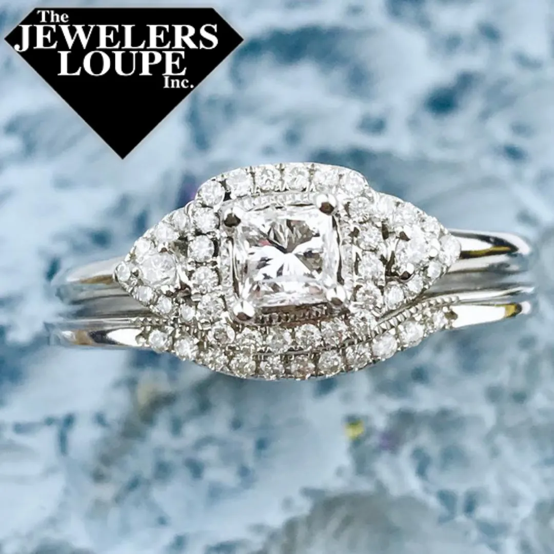 14K White Gold .55ctw Diamond Princess Cut Halo Bridal Set (84333)