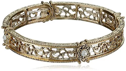 1928 Jewelry "Golden Glitz" Gold-Tone Crystal Filigree Stretch Bracelet, 7"
