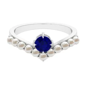 2 CT Solitaire Blue Sapphire and Freshwater Pearl Chevron Ring