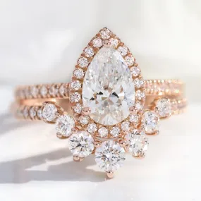 2.22 Ct Pear Halo Diamond Ring Set w/ Lab Diamond and Large 7 Stone Pave Band