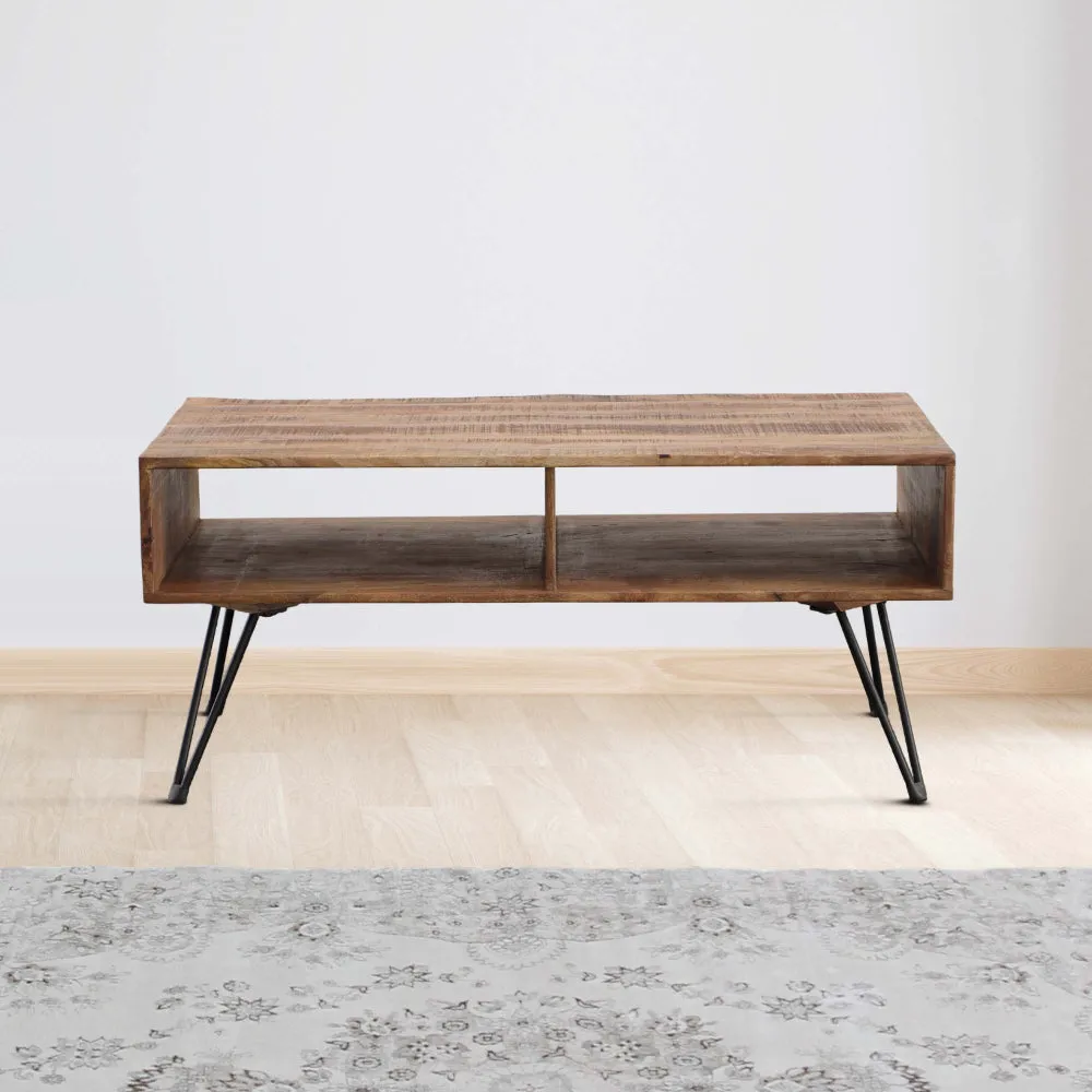 42 Inch Handcrafted Mango Wood Coffee Table with Metal Hairpin Legs, Brown and Black