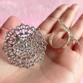 Adjustable Blank Ring Base with 31mm Filigree / Flower Pad (5 pcs / Silver) Adjust Filigree Ring Blank Findings Jewellery Making F030