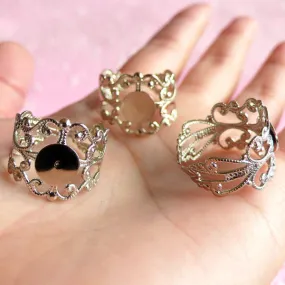 Adjustable Ring Blank Findings with 8mm Pad (5 pcs / Silver Plated) Adjust Filigree Ring Base Jewellery Making Jewelry Findings F021