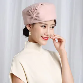 Aidase 100% Wool Felt Berets Women Party Flower Formal Fedora Hat Banquet Grace Woolen Pillbox Cap Beautiful Fascinator