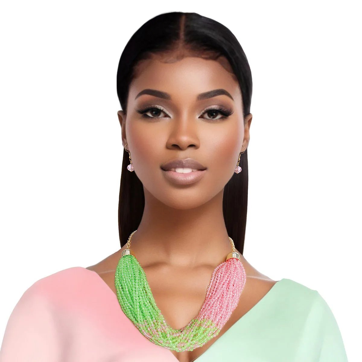 Alpha Kappa Alpha Inspired Necklace Pink and Green 34 Strand Set for Women