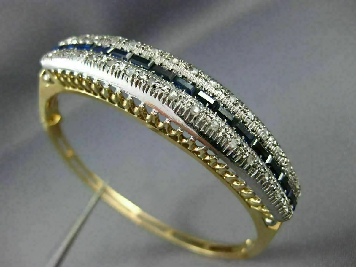 ANTIQUE 2.70CT ROSE CUT DIAMOND & SAPPHIRE 18KT 2 TONE GOLD BANGLE BRACELET 2985