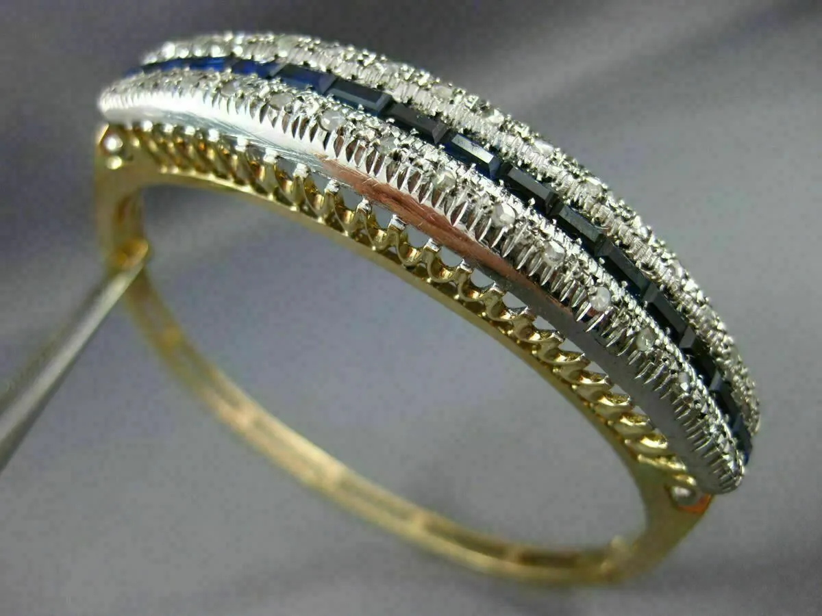 ANTIQUE 2.70CT ROSE CUT DIAMOND & SAPPHIRE 18KT 2 TONE GOLD BANGLE BRACELET 2985