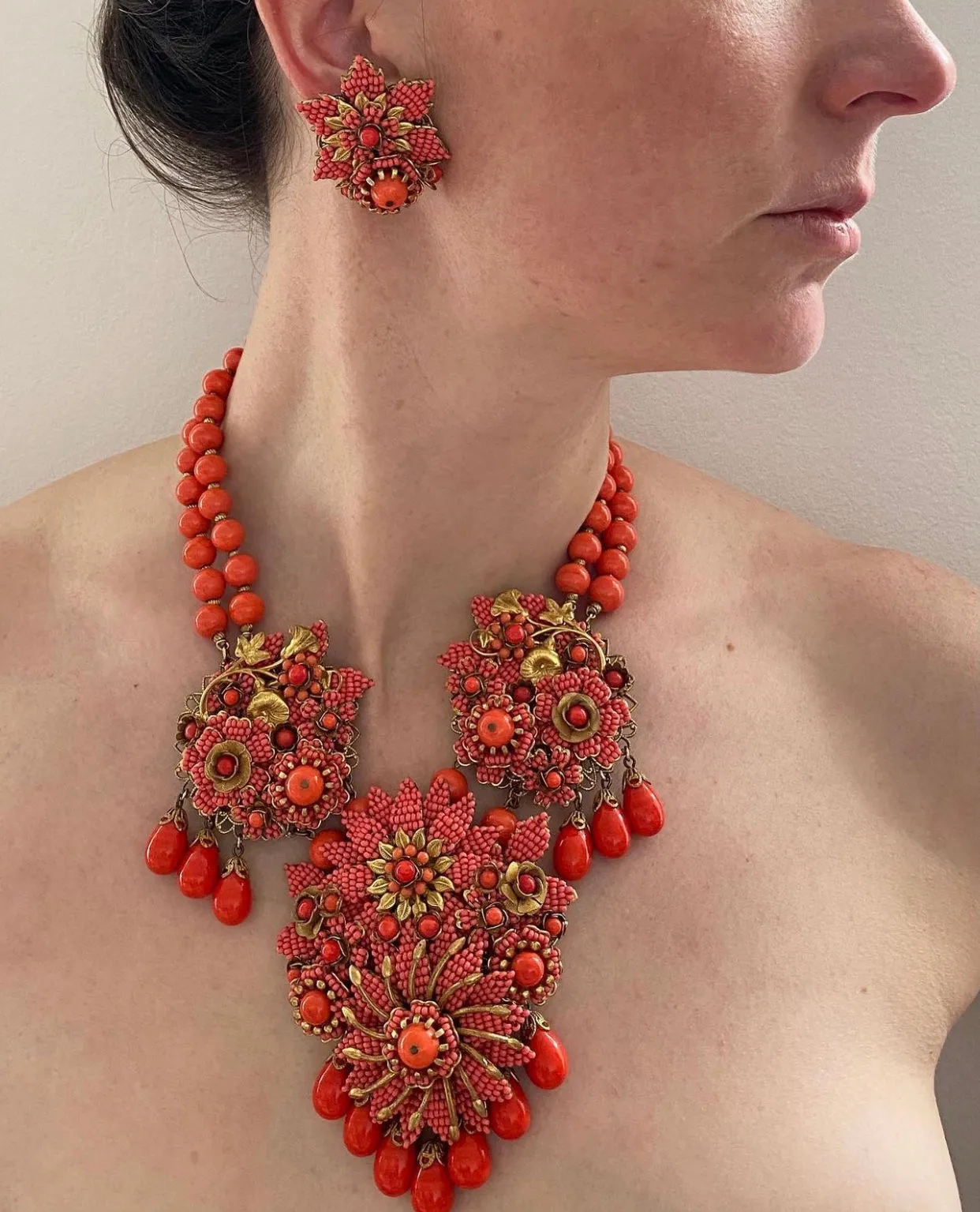 ARCHIVE - 1990s Stanley Hagler Faux Coral Earring and Necklace Set