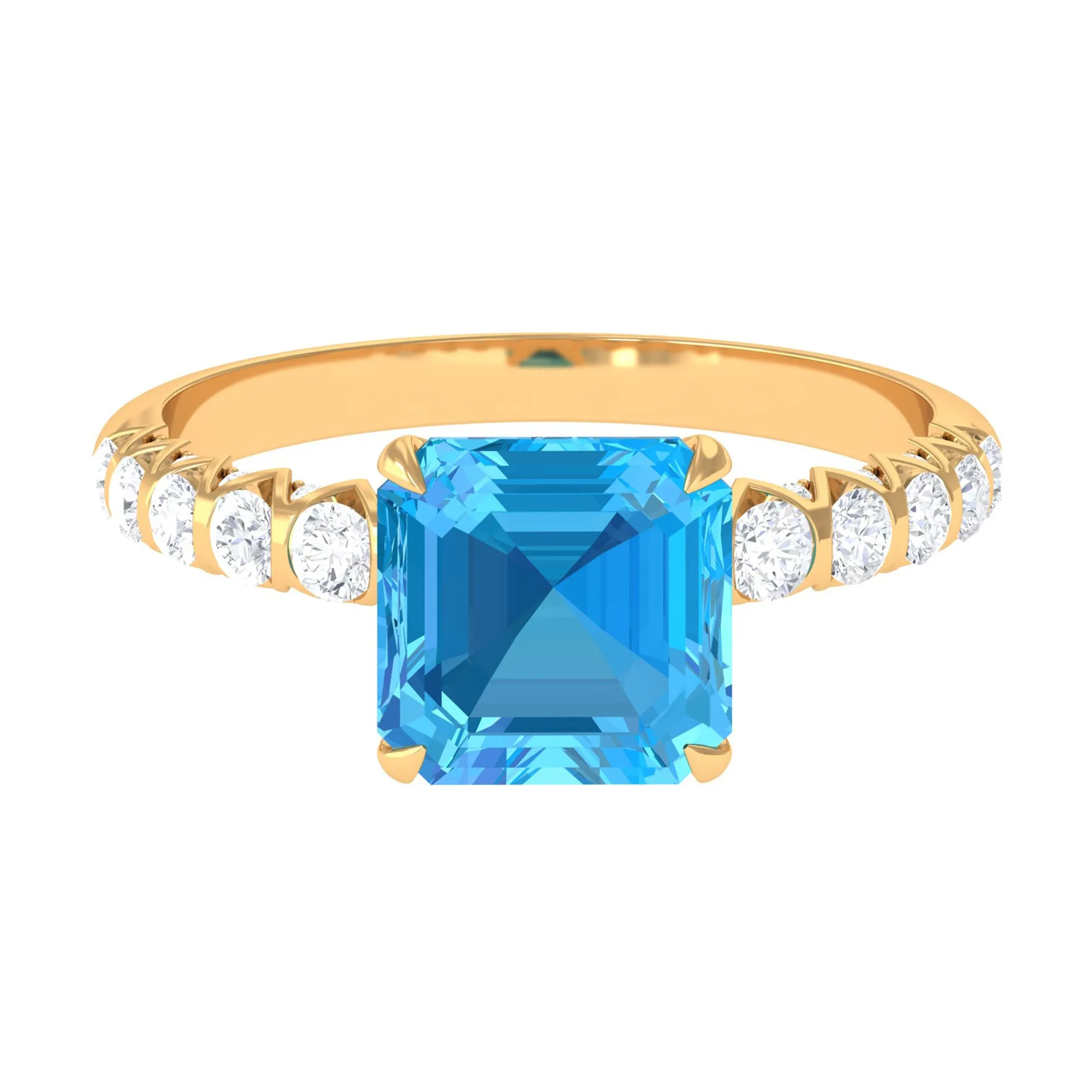 Asscher Cut Swiss Blue Topaz and Diamond Side Stones Ring