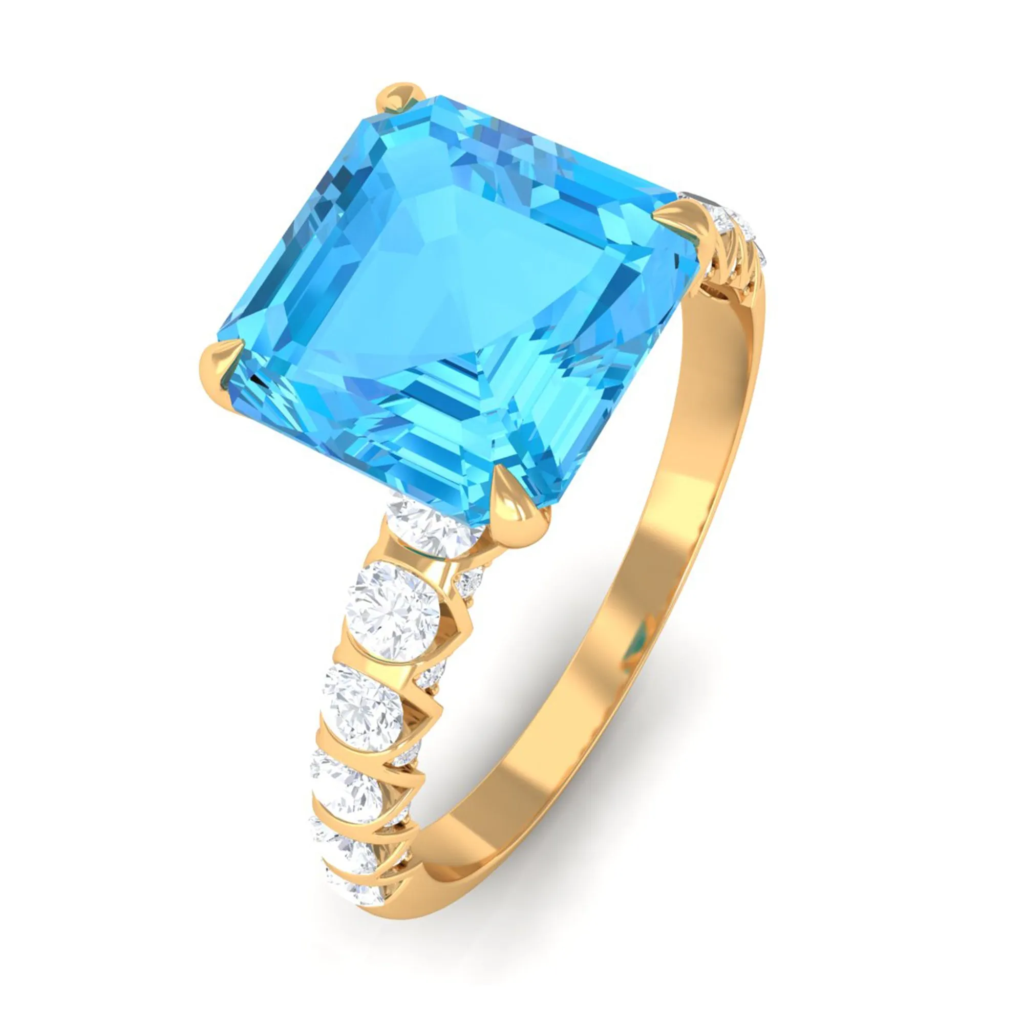 Asscher Cut Swiss Blue Topaz and Diamond Side Stones Ring