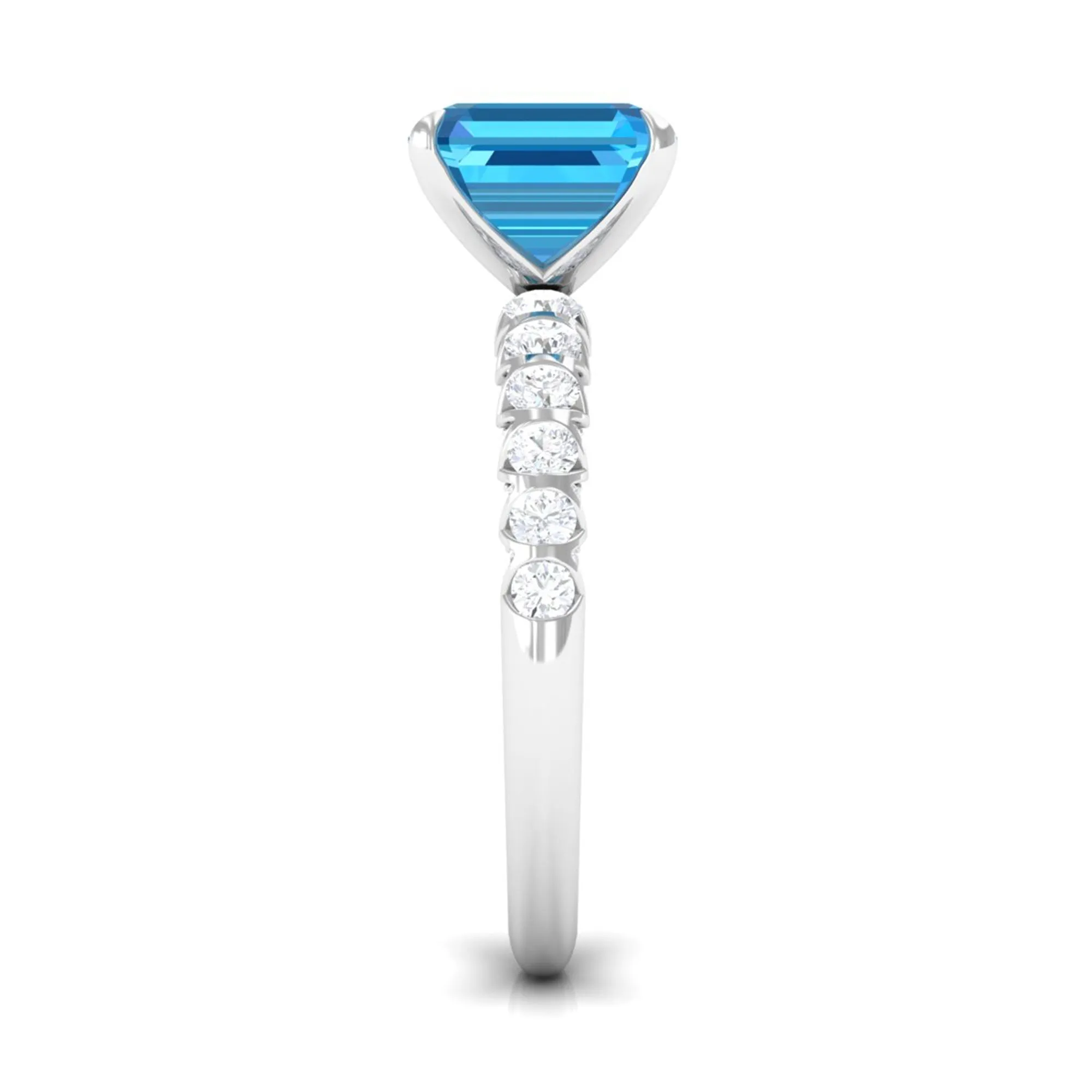 Asscher Cut Swiss Blue Topaz and Diamond Side Stones Ring