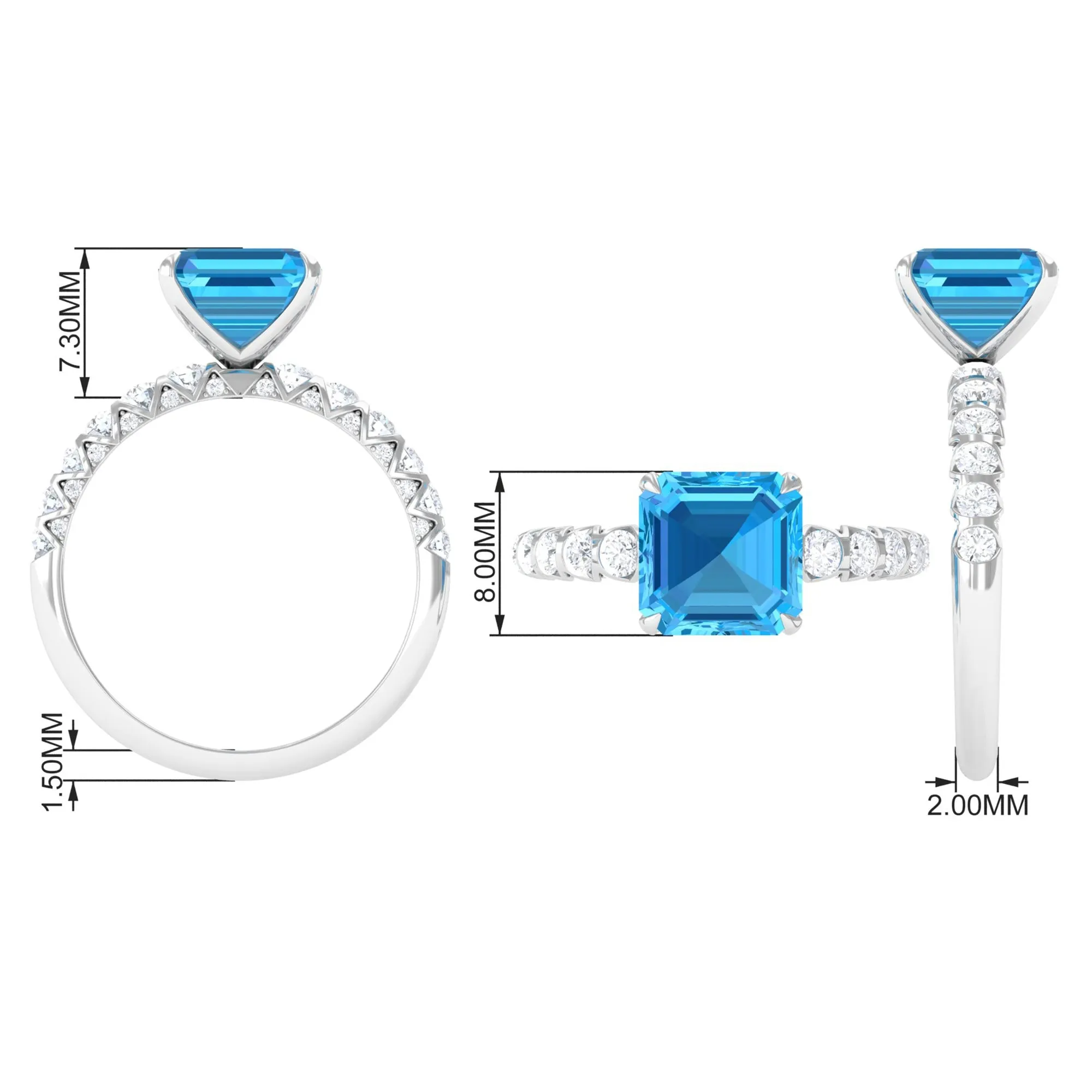 Asscher Cut Swiss Blue Topaz and Diamond Side Stones Ring