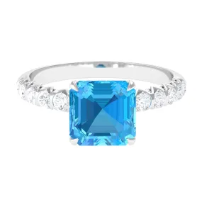 Asscher Cut Swiss Blue Topaz and Diamond Side Stones Ring