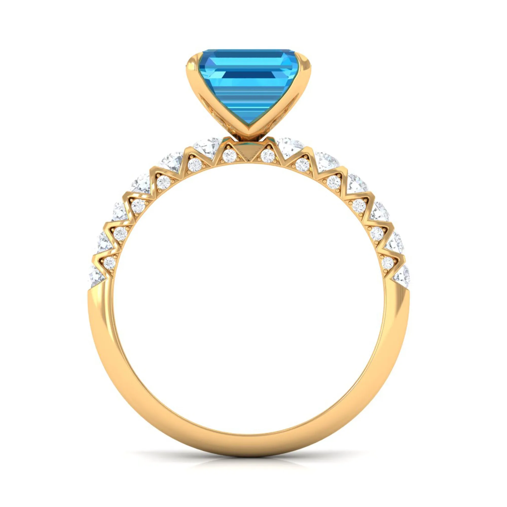 Asscher Cut Swiss Blue Topaz and Diamond Side Stones Ring
