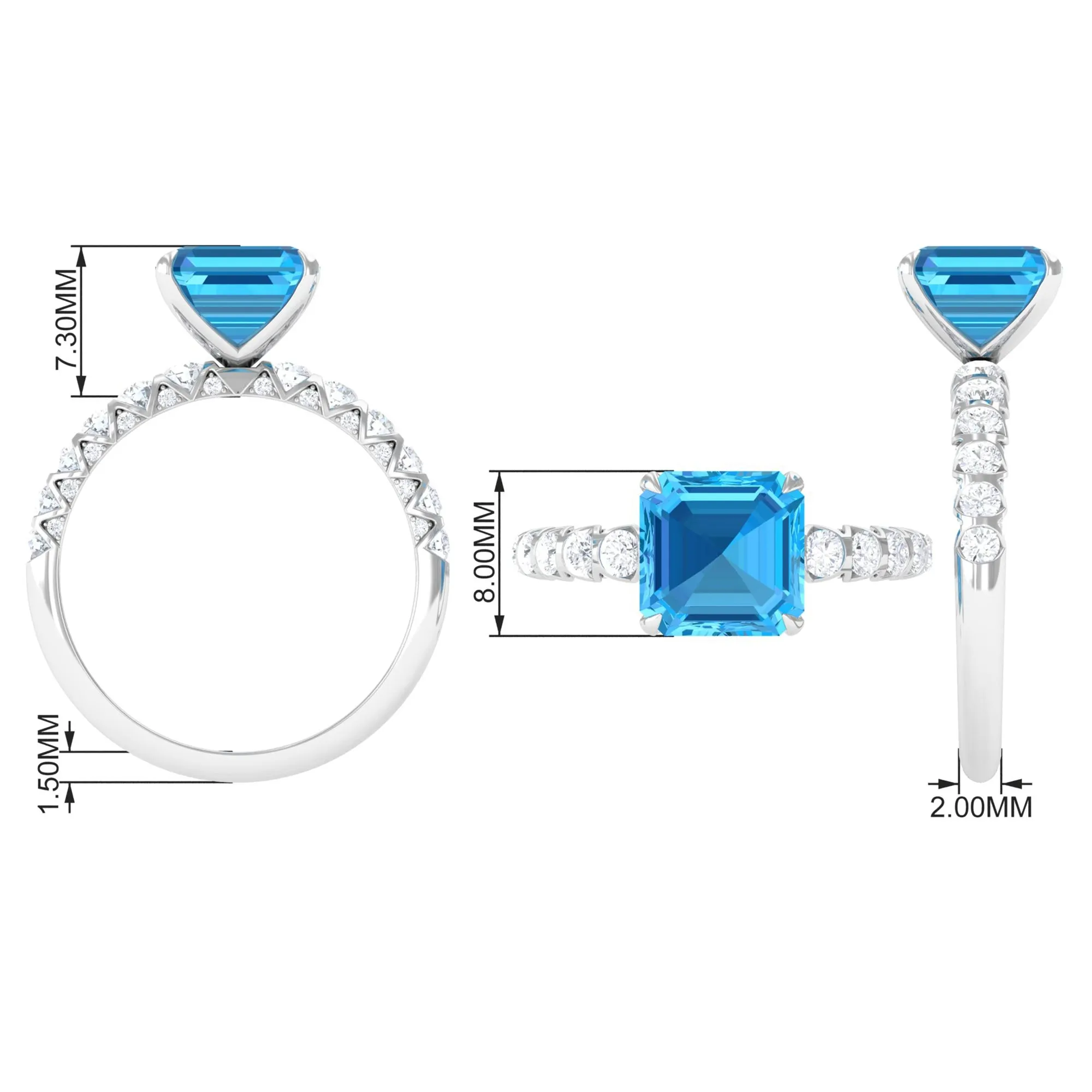 Asscher Cut Swiss Blue Topaz and Diamond Side Stones Ring