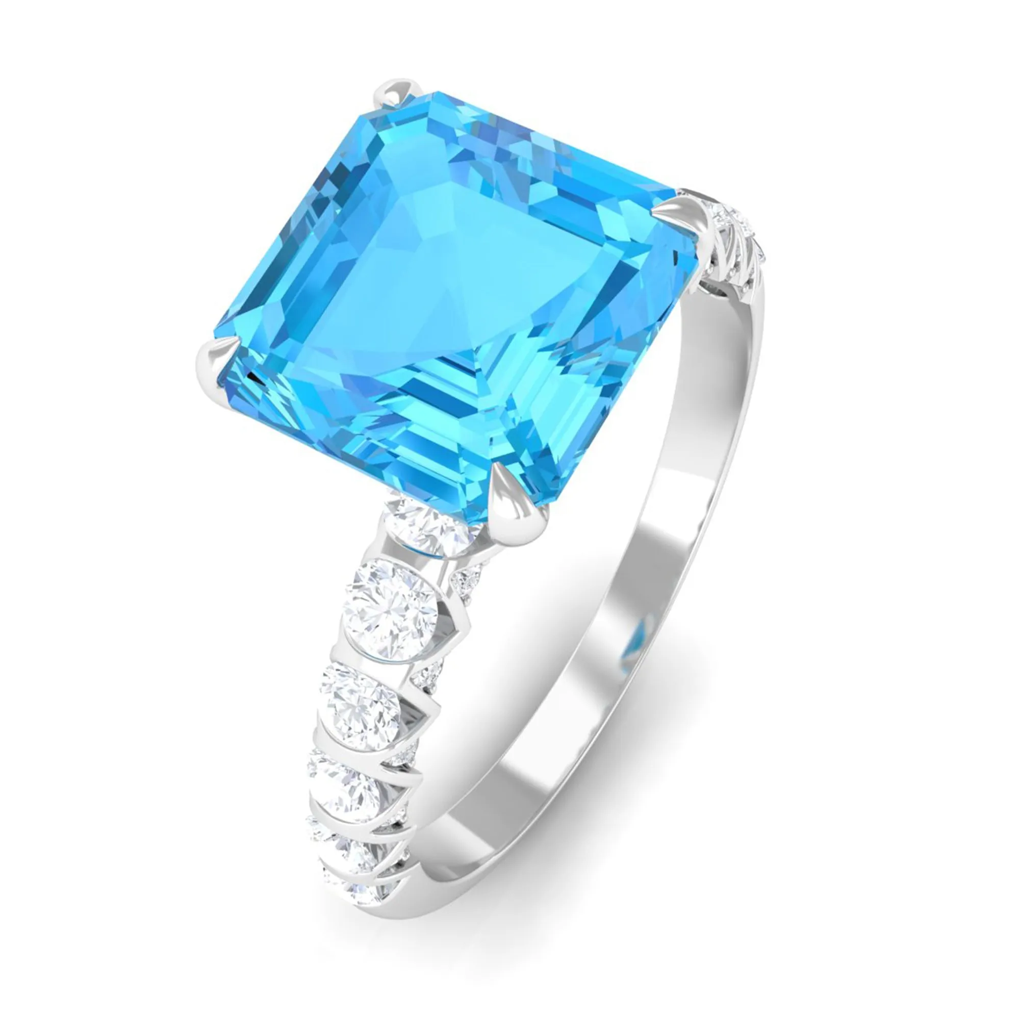 Asscher Cut Swiss Blue Topaz and Diamond Side Stones Ring