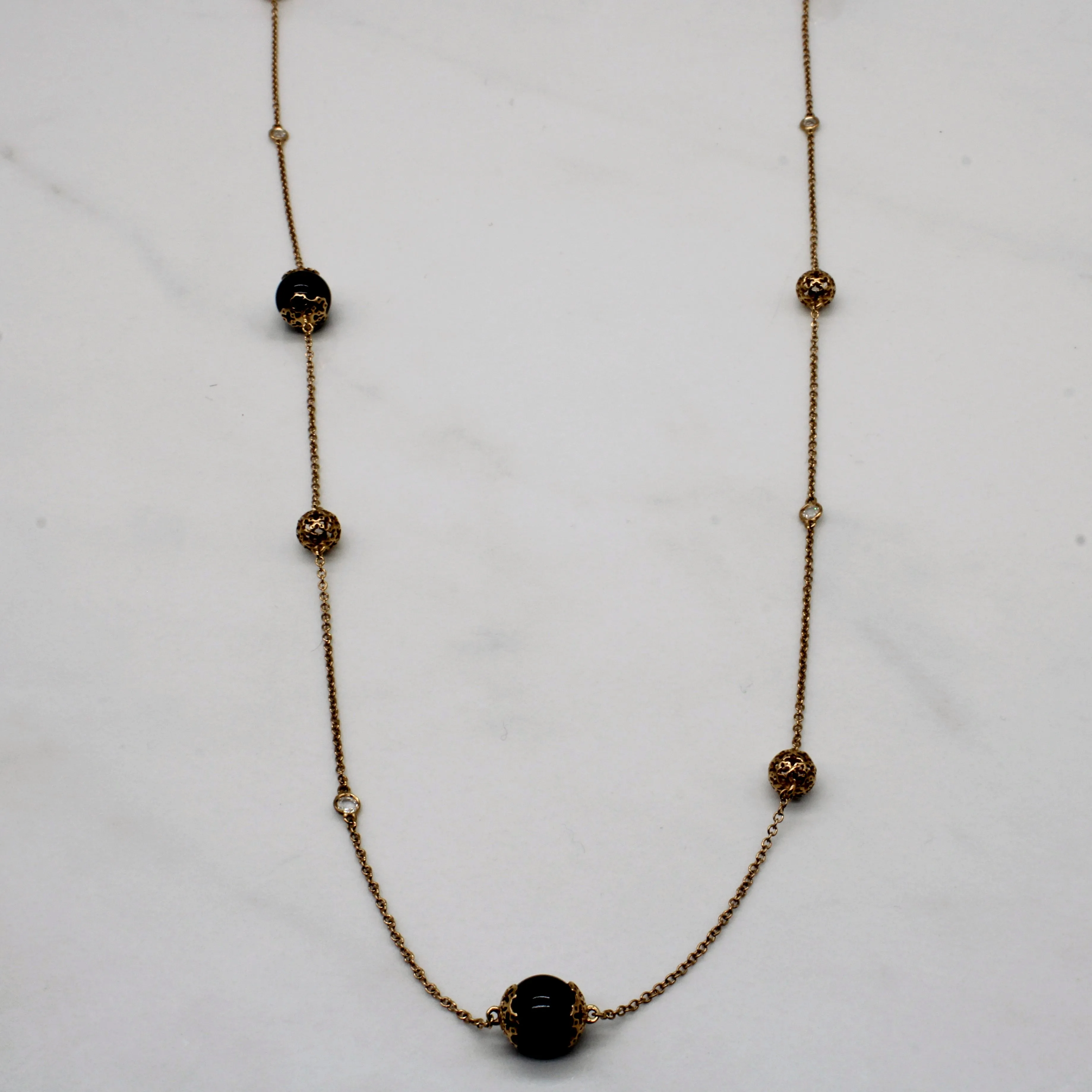 'Birks' Onyx & White Sapphire Bead Necklace | 28.00ctw, 0.35ctw | 44" |