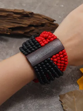 Black and Red Wooden Layered Beaded Bracelet Women Bracelet Stackable Bracelet