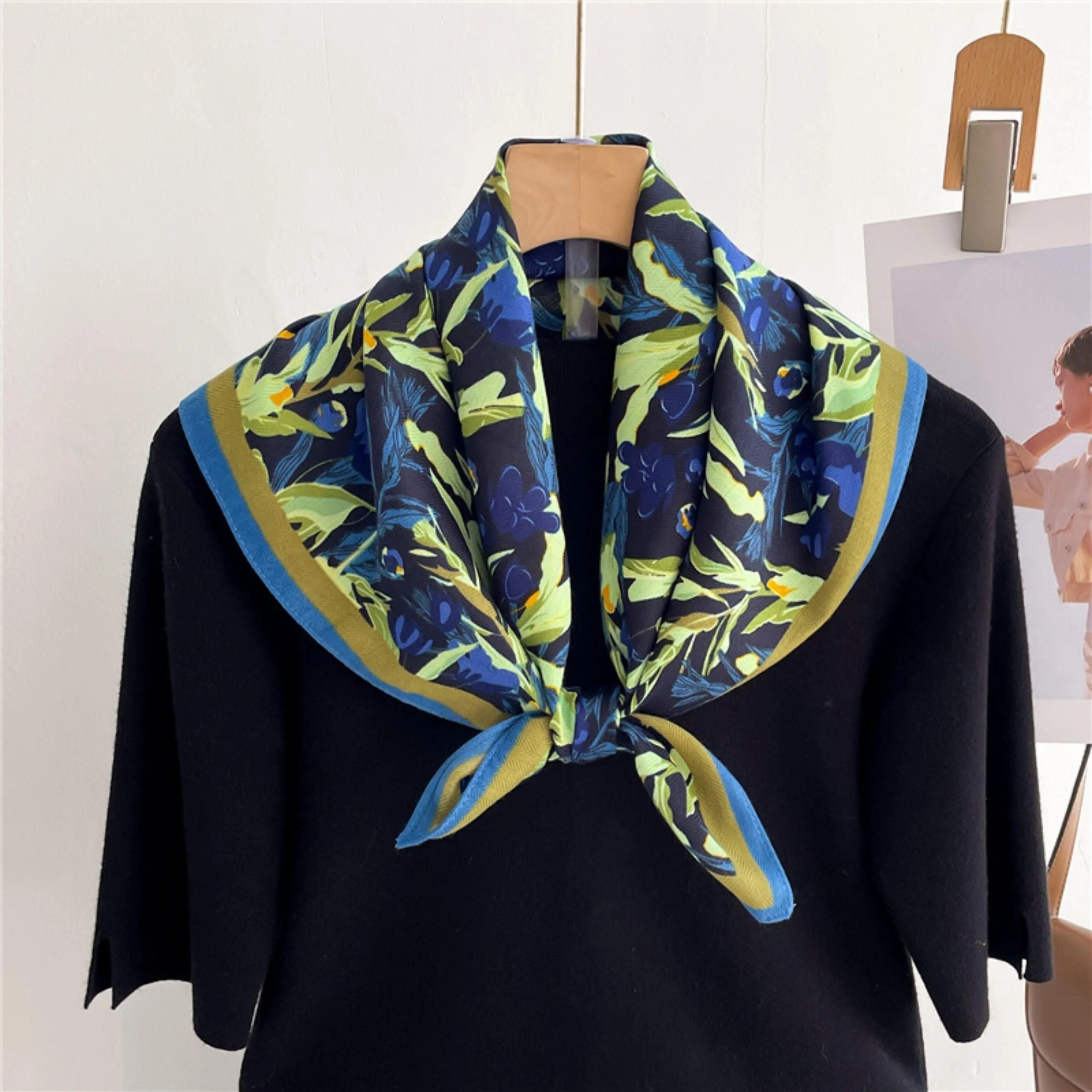 Botanical Floral Pattern Square Scarf/Herringbone Weave Square Scarf/Lady's Neck Scarf/Cotton Linen Hand Feeling Scarf/Gift for Her