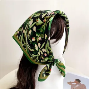 Botanical Floral Pattern Square Scarf/Herringbone Weave Square Scarf/Lady's Neck Scarf/Cotton Linen Hand Feeling Scarf/Gift for Her