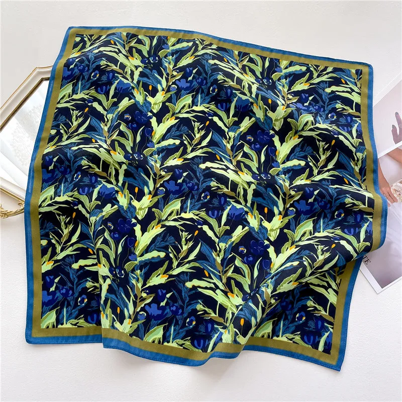 Botanical Floral Pattern Square Scarf/Herringbone Weave Square Scarf/Lady's Neck Scarf/Cotton Linen Hand Feeling Scarf/Gift for Her