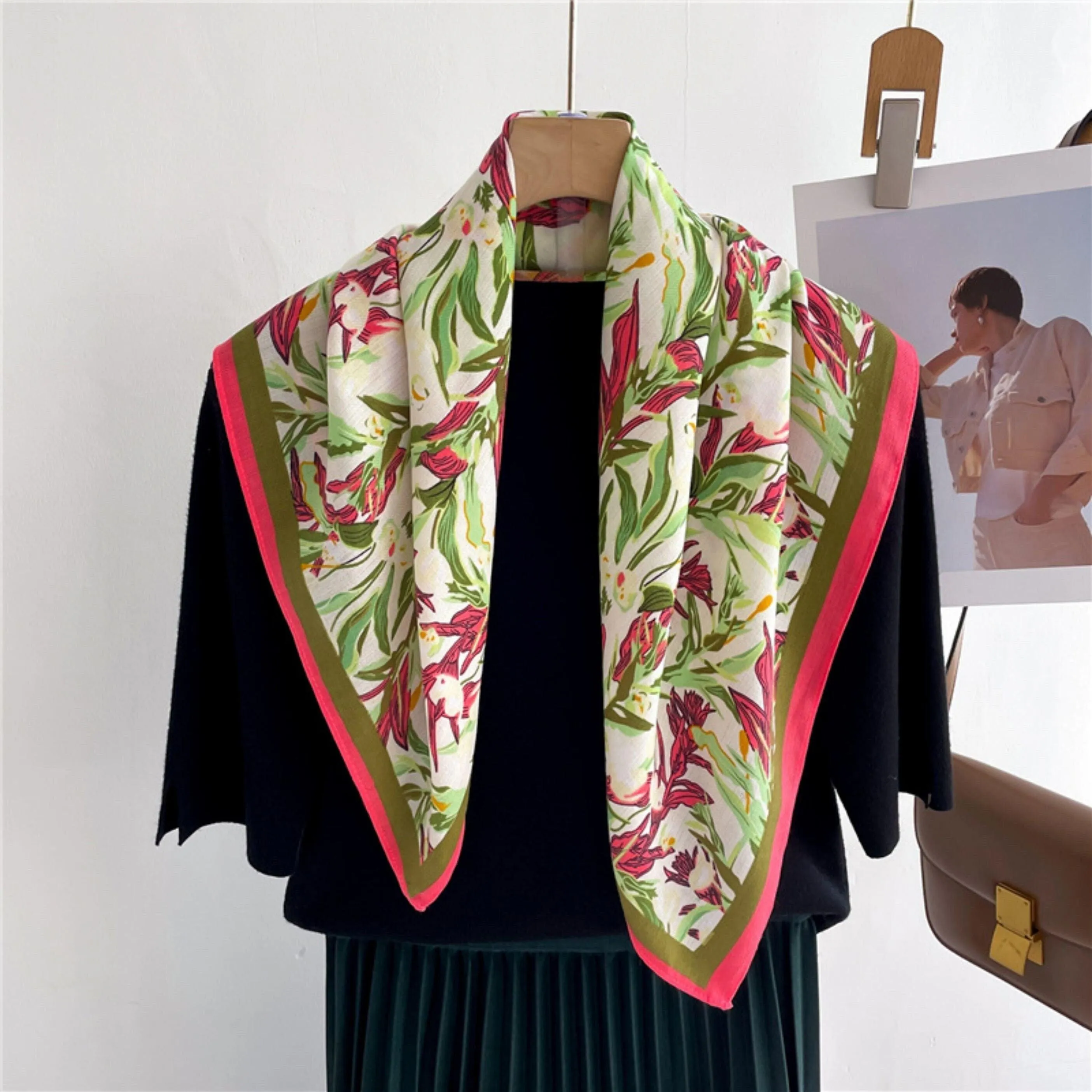 Botanical Floral Pattern Square Scarf/Herringbone Weave Square Scarf/Lady's Neck Scarf/Cotton Linen Hand Feeling Scarf/Gift for Her
