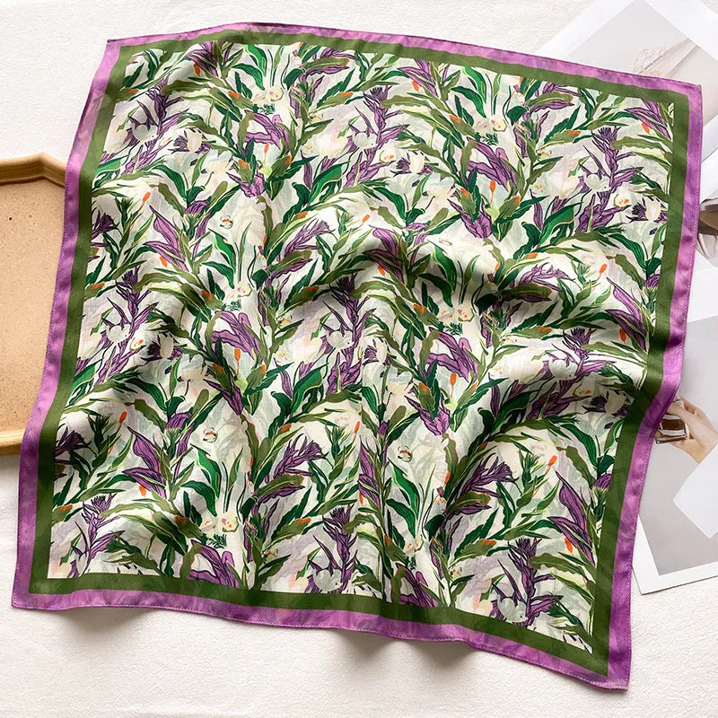 Botanical Floral Pattern Square Scarf/Herringbone Weave Square Scarf/Lady's Neck Scarf/Cotton Linen Hand Feeling Scarf/Gift for Her