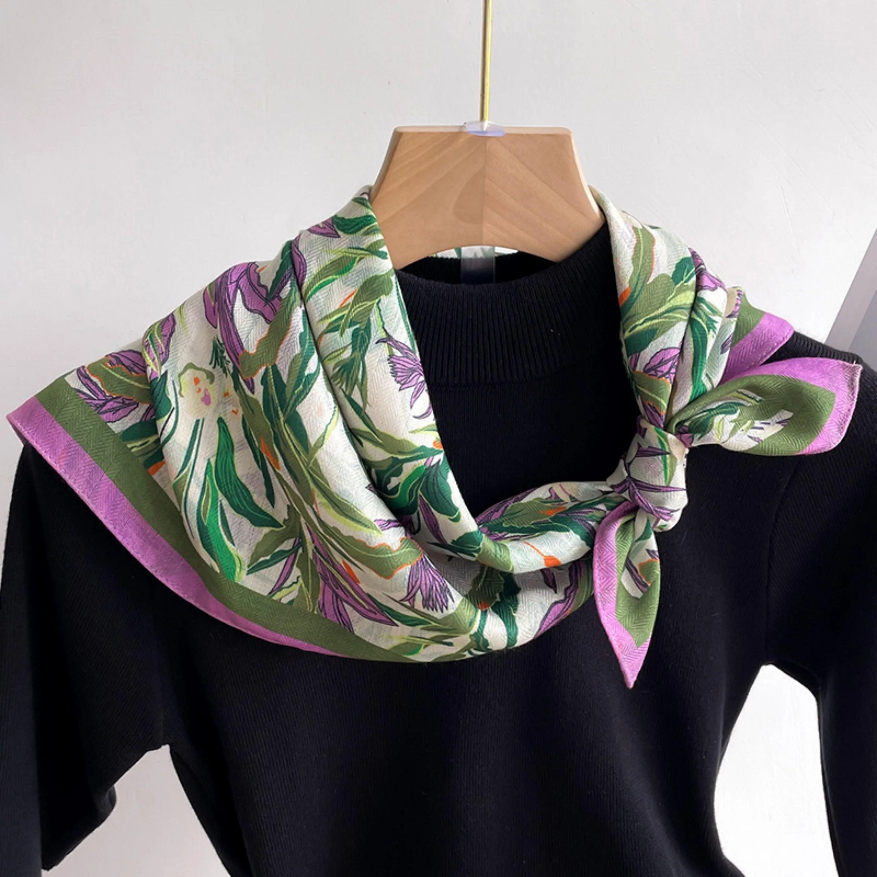 Botanical Floral Pattern Square Scarf/Herringbone Weave Square Scarf/Lady's Neck Scarf/Cotton Linen Hand Feeling Scarf/Gift for Her