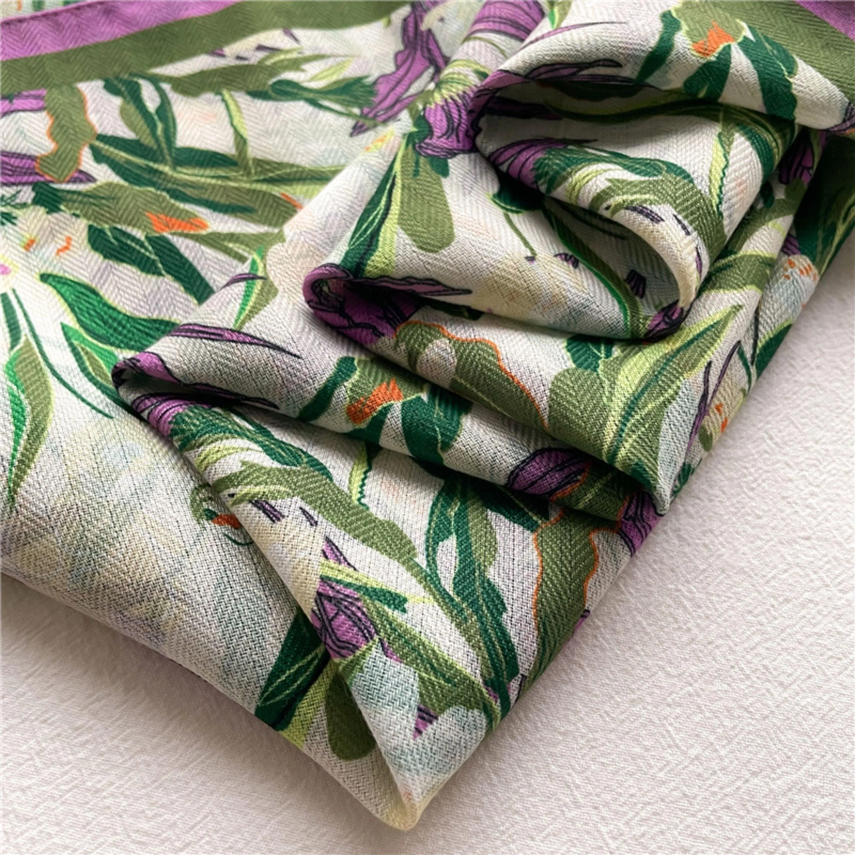 Botanical Floral Pattern Square Scarf/Herringbone Weave Square Scarf/Lady's Neck Scarf/Cotton Linen Hand Feeling Scarf/Gift for Her