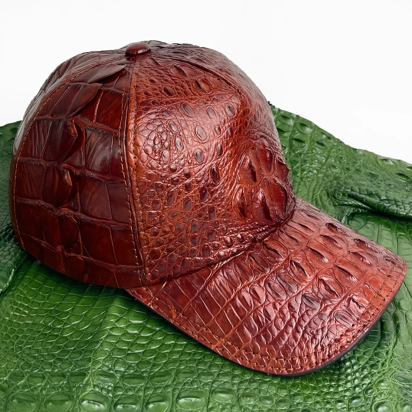 Brown Alligator Leather Cap - Fashionable Exotic Adjustable Outdoor Baseball Cap | Cowboy Style | HAT-BRO-22