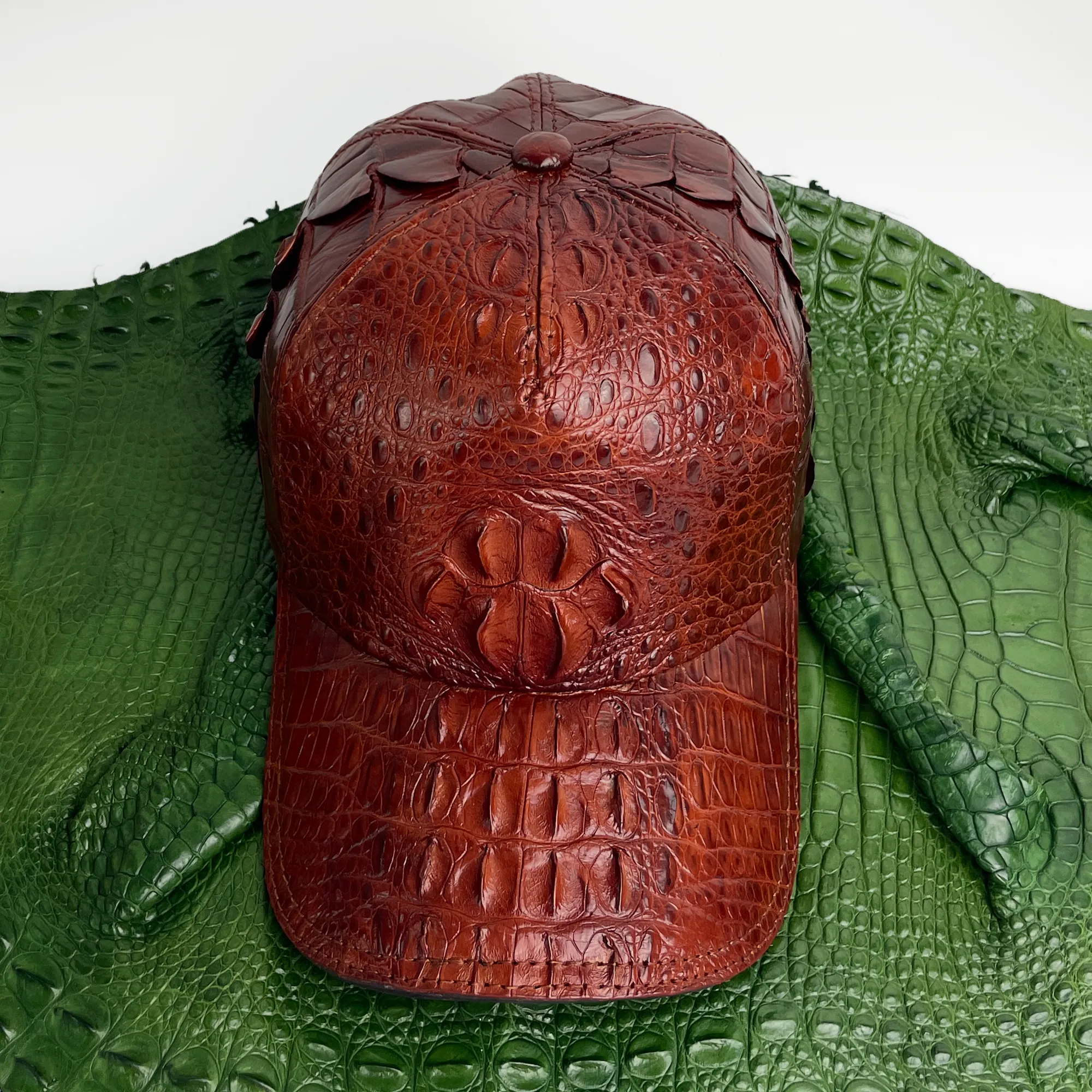 Brown Alligator Leather Cap - Fashionable Exotic Adjustable Outdoor Baseball Cap | Cowboy Style | HAT-BRO-22