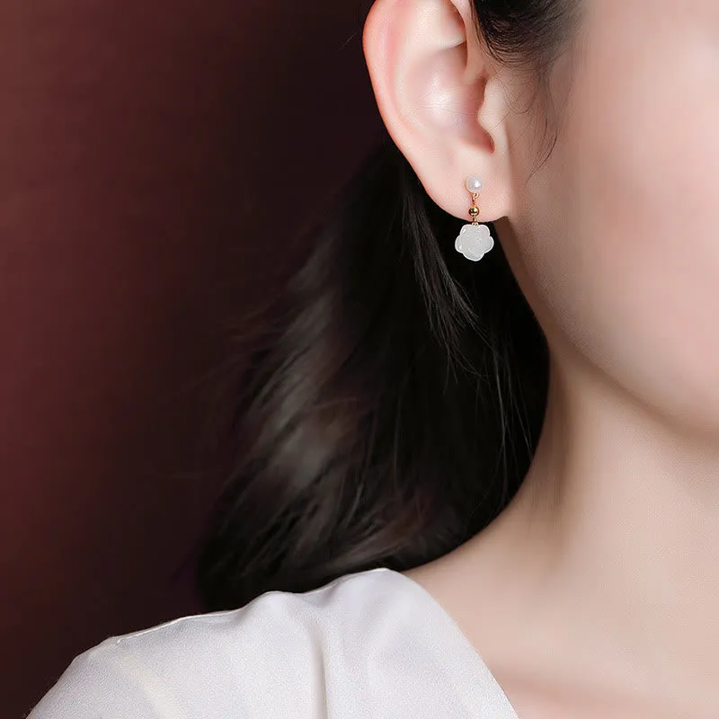 Buddha Stones 925 Sterling Silver Plated Gold Jade Rose Flower Cyan Jade Pearl Luck Earrings