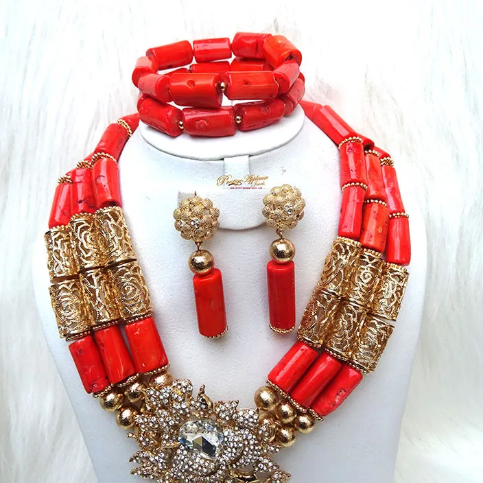 Celebrant Detailed Beautiful Real Traditional Bridal Wedding Coral African Nigerian Necklace Jewellery Set