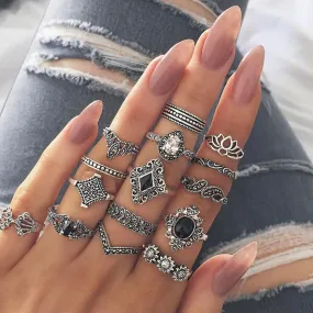 Conjunto De 15Peças/Anel De Dedo De Prata Vintage Punk Boho Anéis Joias