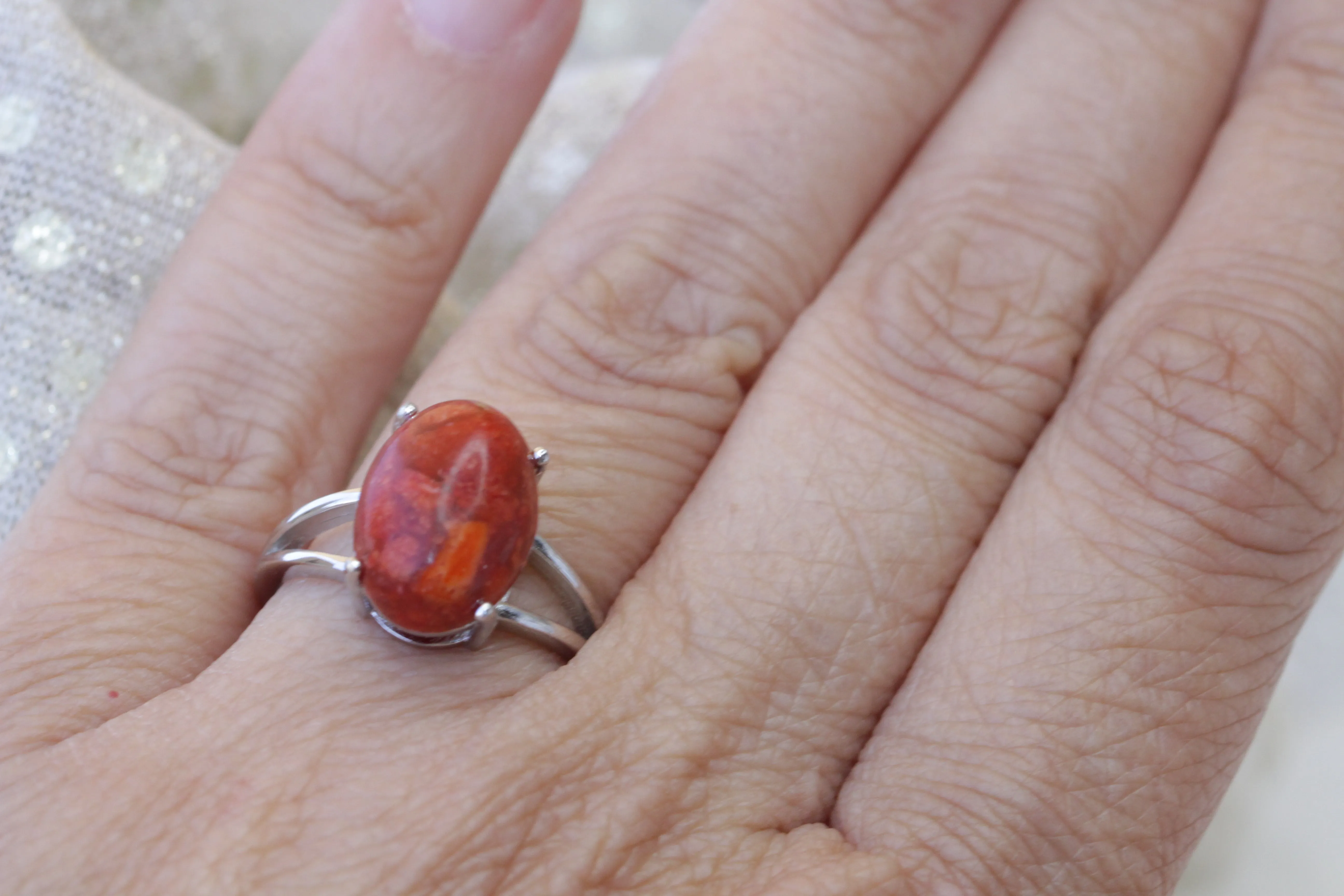 Coral silver sterling ring