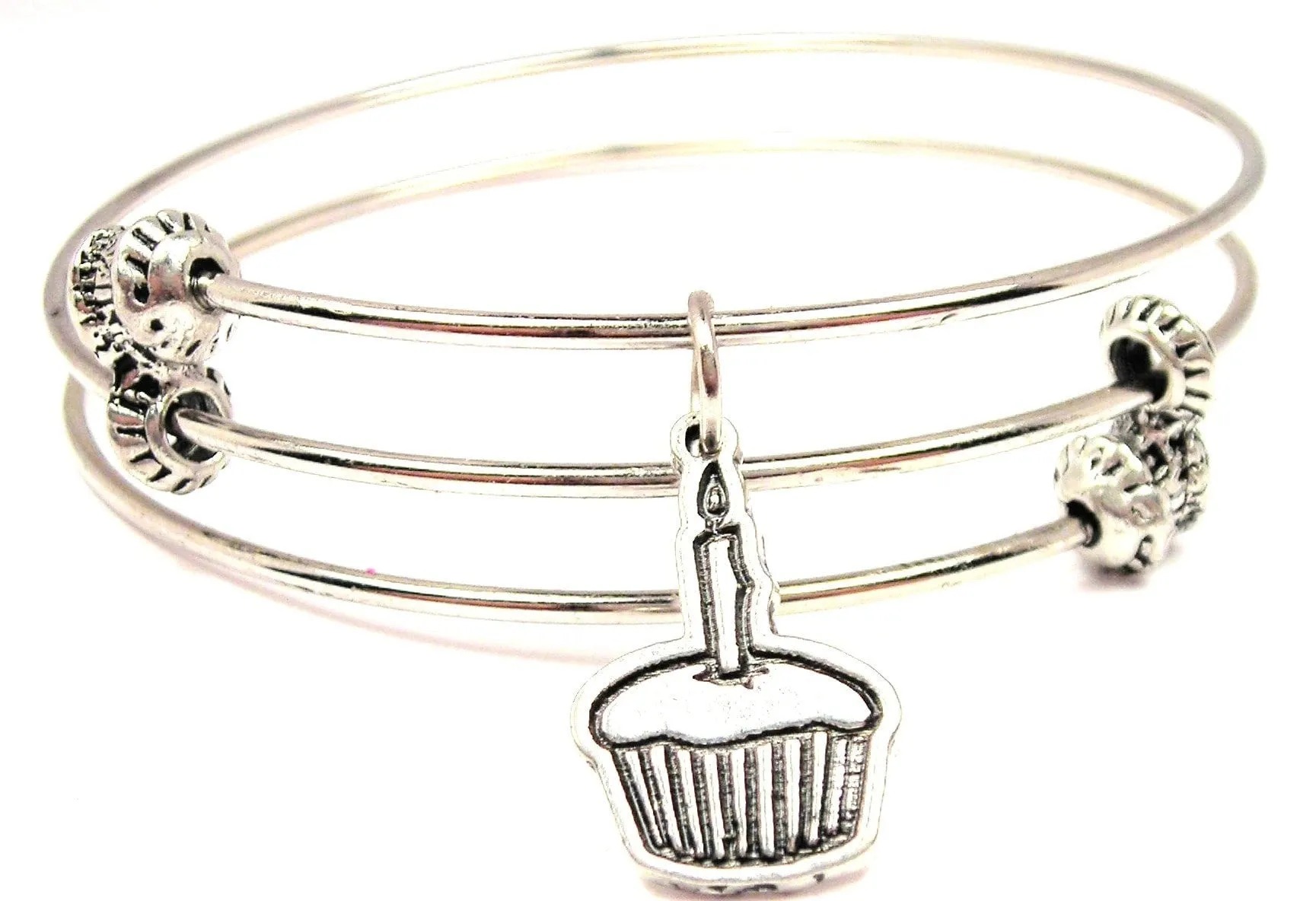 Cupcake with Candle Triple Style Expandable Bangle Bracelet