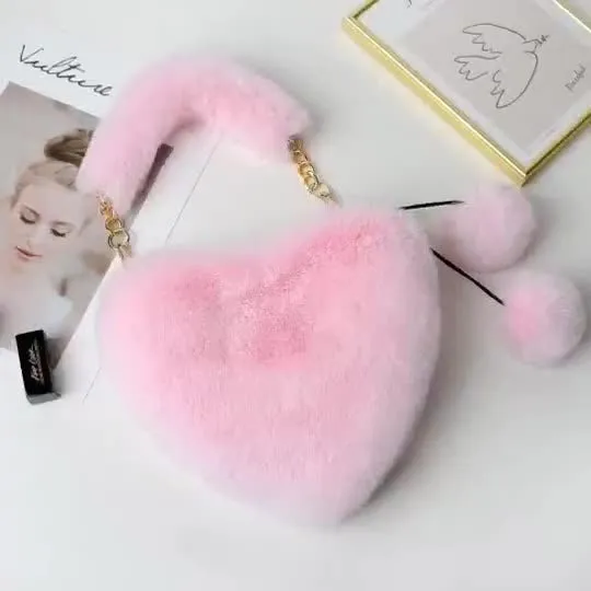 Cyber Red Fashion Plush Heart shaped Bag Women's Handbag Obliquely Straddle with Heart Heart Love Hairpin Wallet