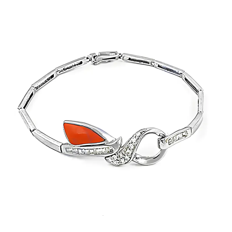 Designer Cubic Zirconia & Synthetic Coral Gemstone Silver Bracelet - Elegant & Casual CZ Jewelry