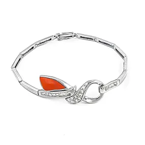 Designer Cubic Zirconia & Synthetic Coral Gemstone Silver Bracelet - Elegant & Casual CZ Jewelry
