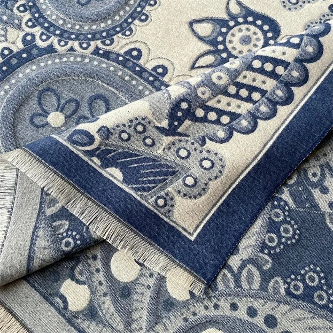 Elegant Blue Traditional Floral Design Women's Winter Scarf