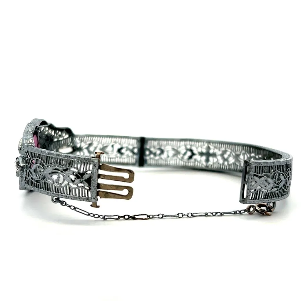Estate Rhodium Plated Paste Stones Art Deco Bangle Bracelet