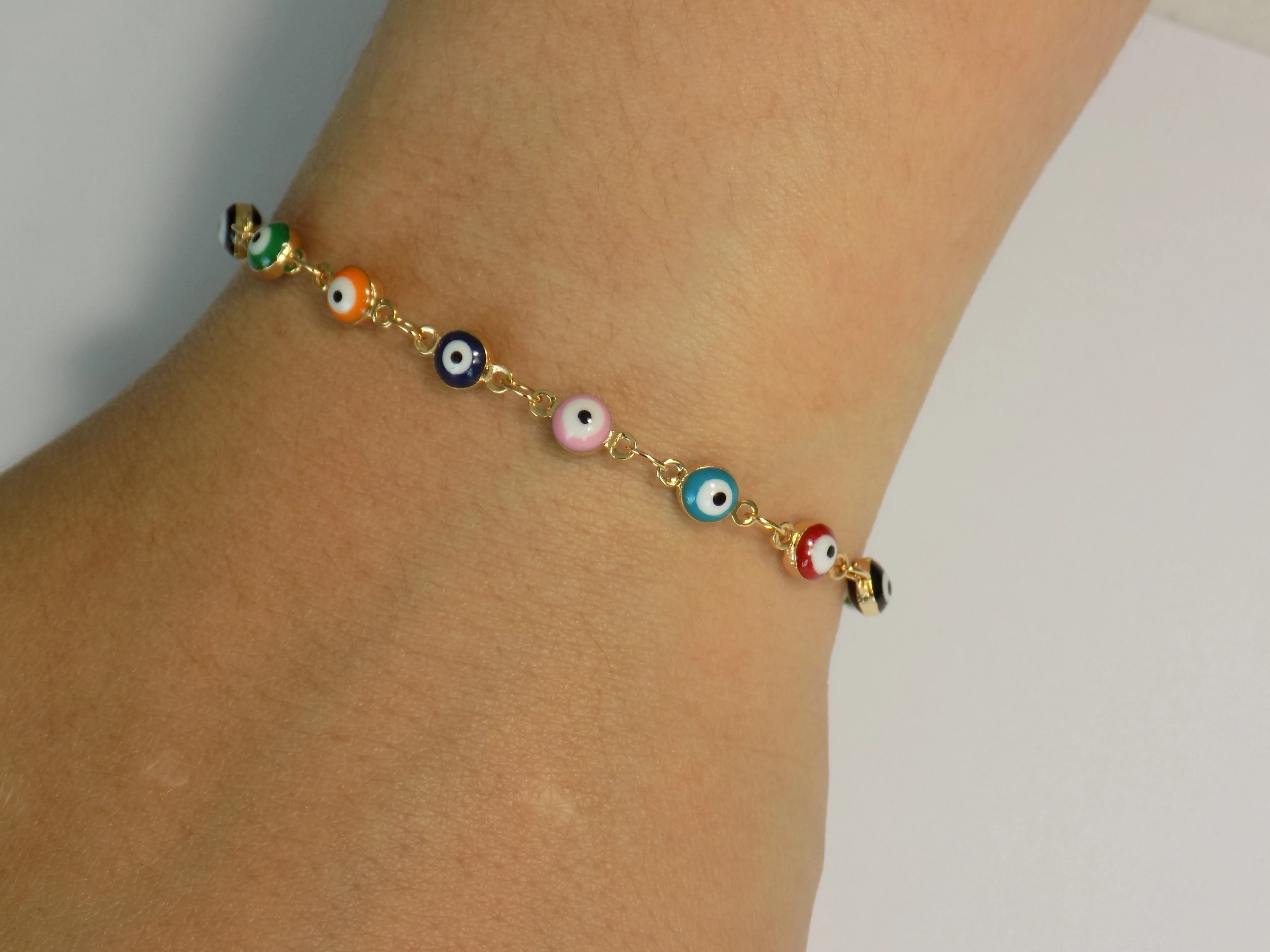 Evil eye bracelet. Multi-color Tiny evil eye charm Gold Plated Chain Bracelet, Evil Eye Anklet