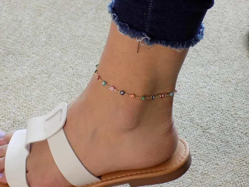 Evil eye bracelet. Multi-color Tiny evil eye charm Gold Plated Chain Bracelet, Evil Eye Anklet
