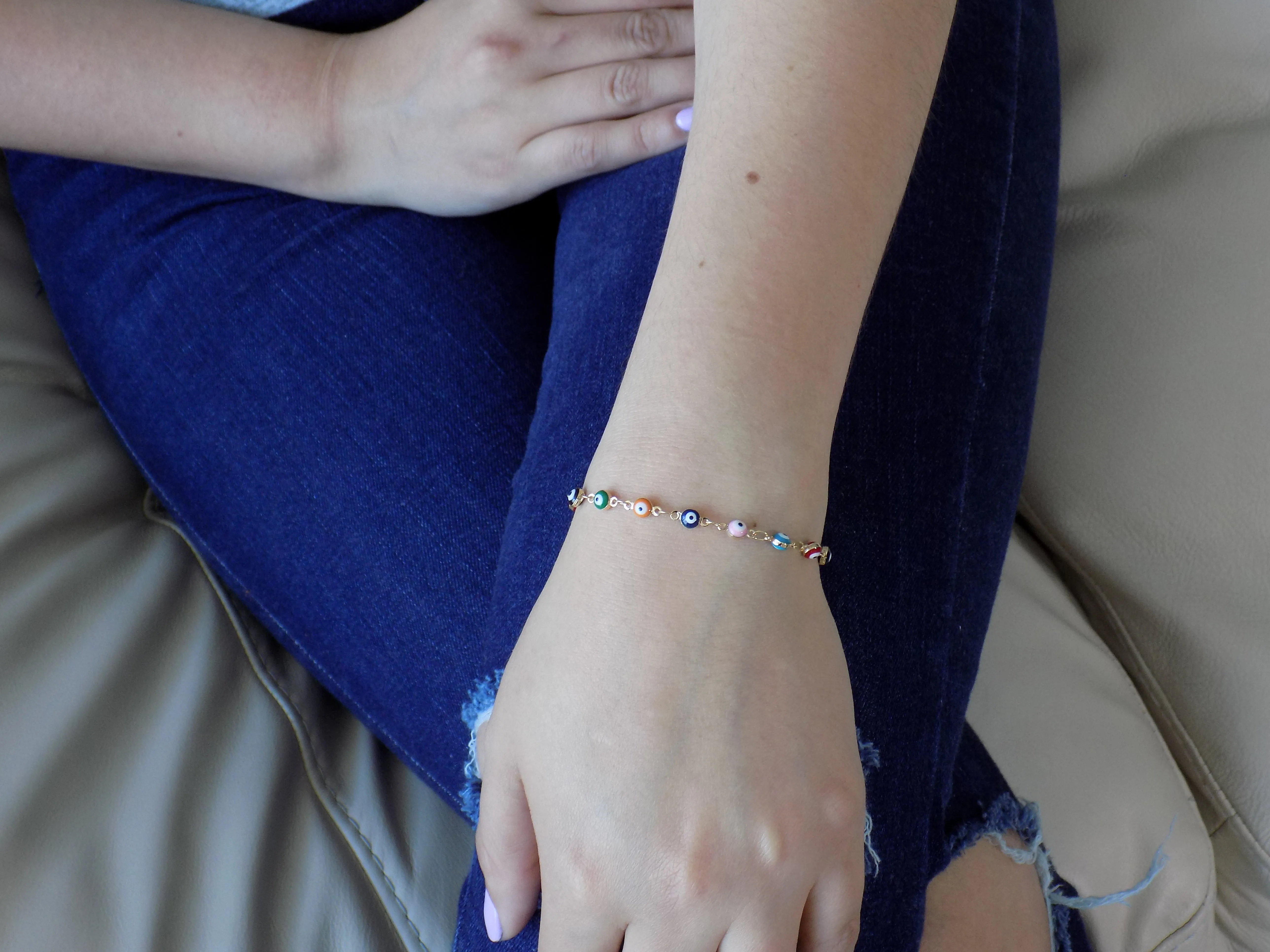 Evil eye bracelet. Multi-color Tiny evil eye charm Gold Plated Chain Bracelet, Evil Eye Anklet
