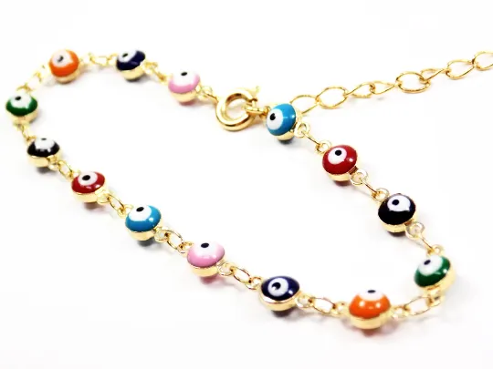 Evil eye bracelet. Multi-color Tiny evil eye charm Gold Plated Chain Bracelet, Evil Eye Anklet