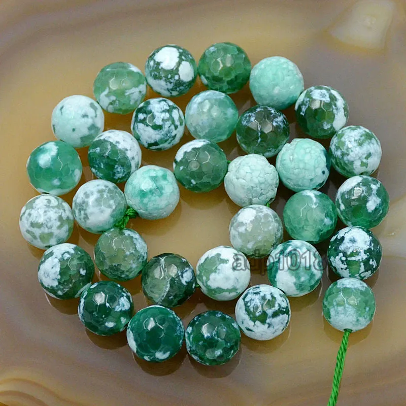 Faceted Natural Green Fire Agate Gemstone Round Loose Beads on a 15.5" Strand
