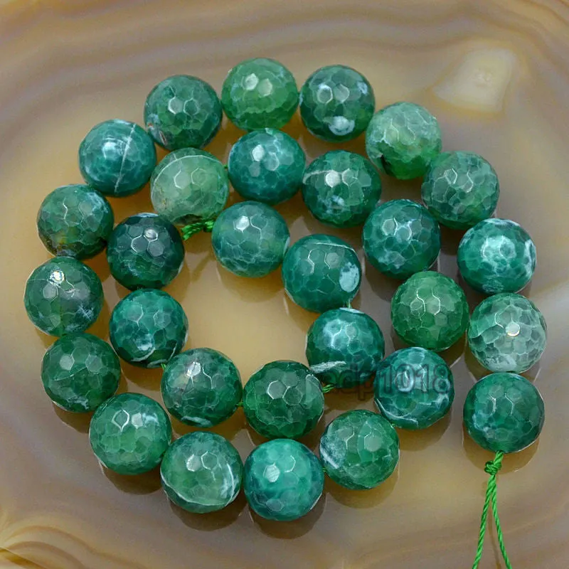 Faceted Natural Green Fire Agate Gemstone Round Loose Beads on a 15.5" Strand