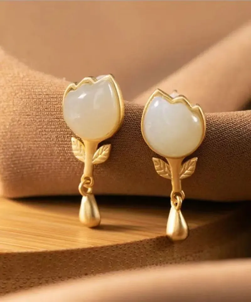 Fashion Yellow Sterlign Silver Inlaid Jade Leaf Drop Earrings  LY8603