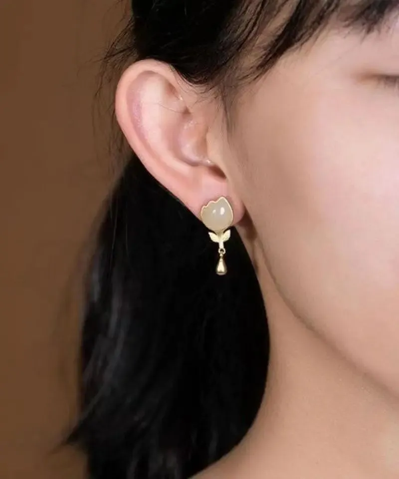 Fashion Yellow Sterlign Silver Inlaid Jade Leaf Drop Earrings  LY8603