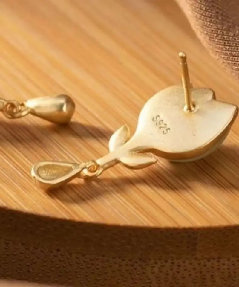 Fashion Yellow Sterlign Silver Inlaid Jade Leaf Drop Earrings  LY8603
